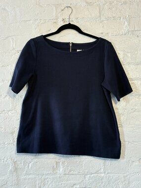 Navy Half-Sleeve Boat Neck Structured Cotton Top with Zipper Detail